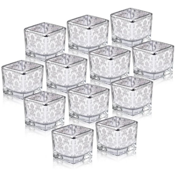 Set of 12 - Square Silver Mercury Glass Tea Light / Votive Candle Holders - Picture 1 of 13